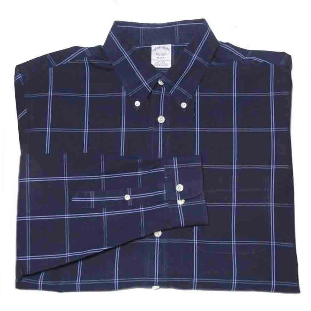 Brooks Brothers Supima Non-Iron Cotton Shirt Navy Blue Check REGENT FIT Men's L